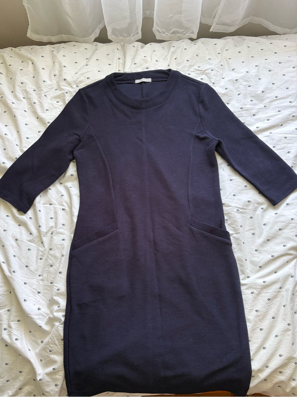 Navy ribbed knee length dress